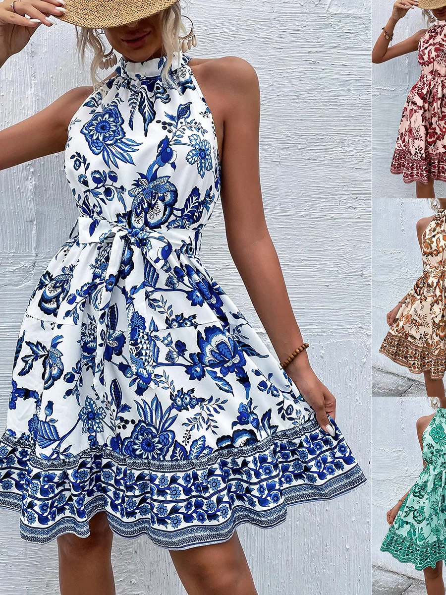 여름 플로럴 프린트 테르 네 오르트 드 여성 의류 허리 주름 슬림 출퇴근 스타일 중국산 2025