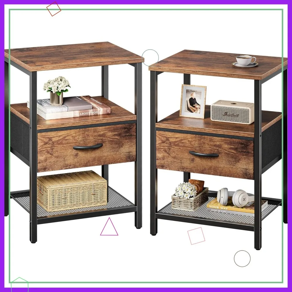 

Set of 2 Rustic Brown Nightstands with Fabric Drawer, Mesh Shelf, and Metal Frame for Bedroom Storage