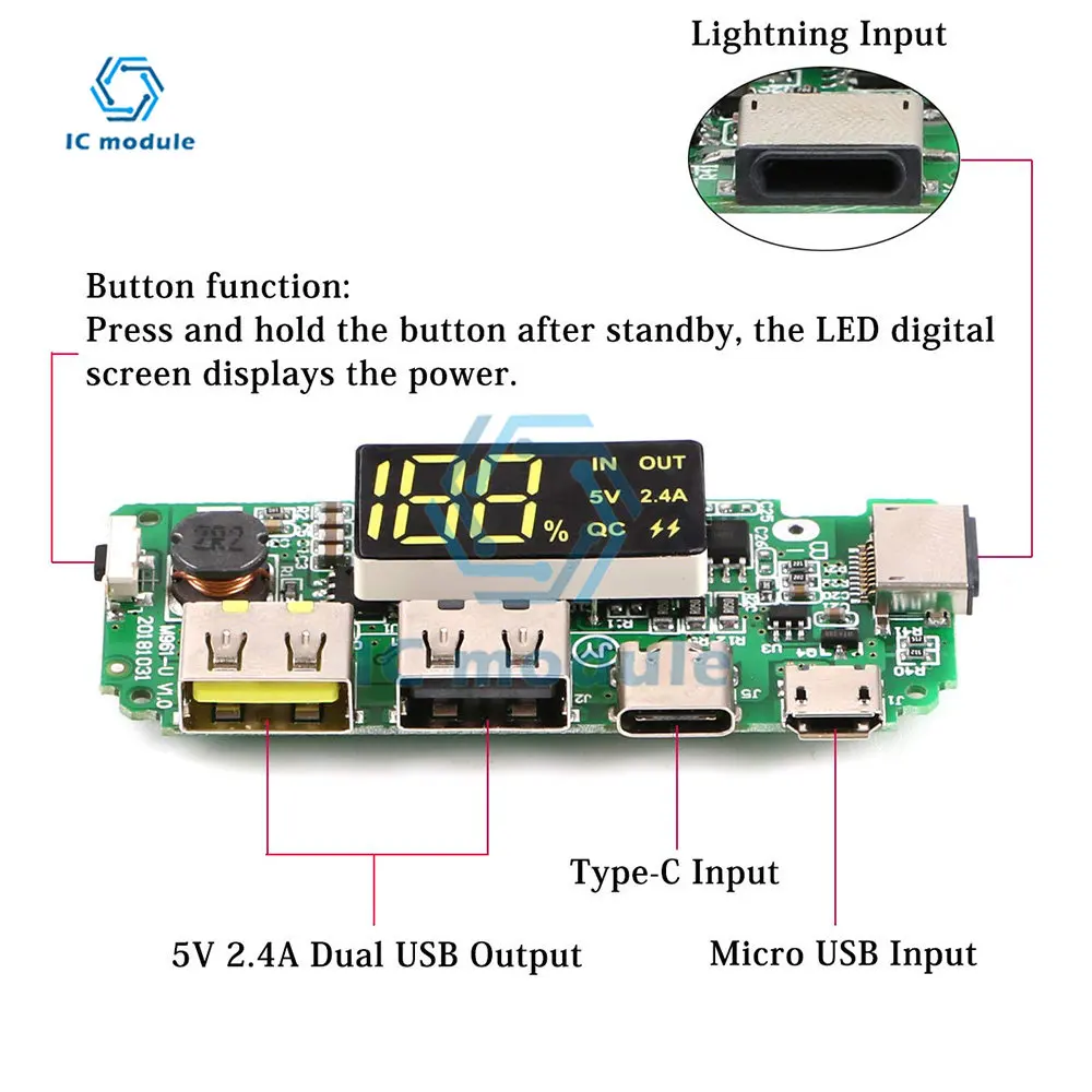 LED Dual USB 5V 2.4A Micro/Type-C/Lightning USB Mobile Power Bank 18650 Module Lithium Battery Charger Board Circuit Protection