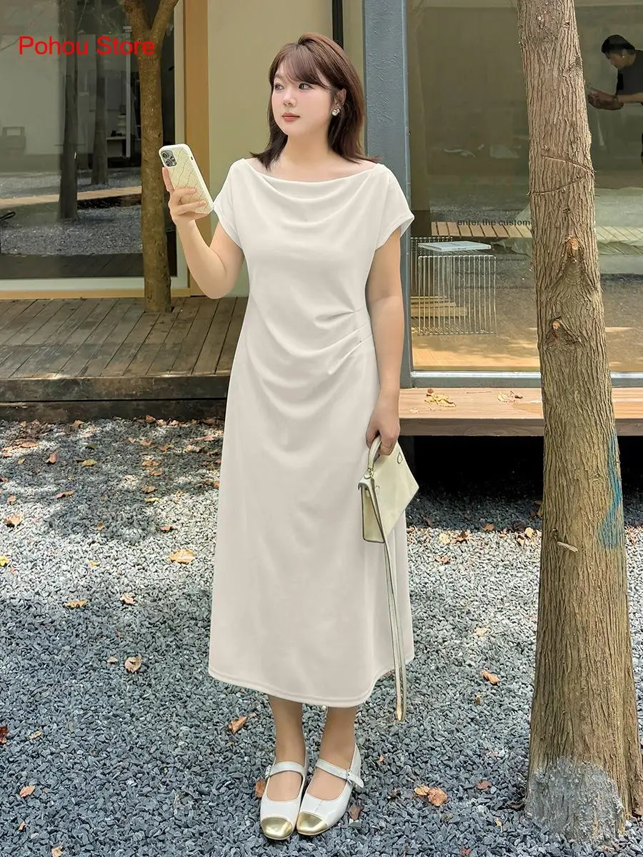 Women's French Elegance Diagonal Shoulder Short Sleeve Dress Summer New Drawstring Waist Slim A-Line Long Dress