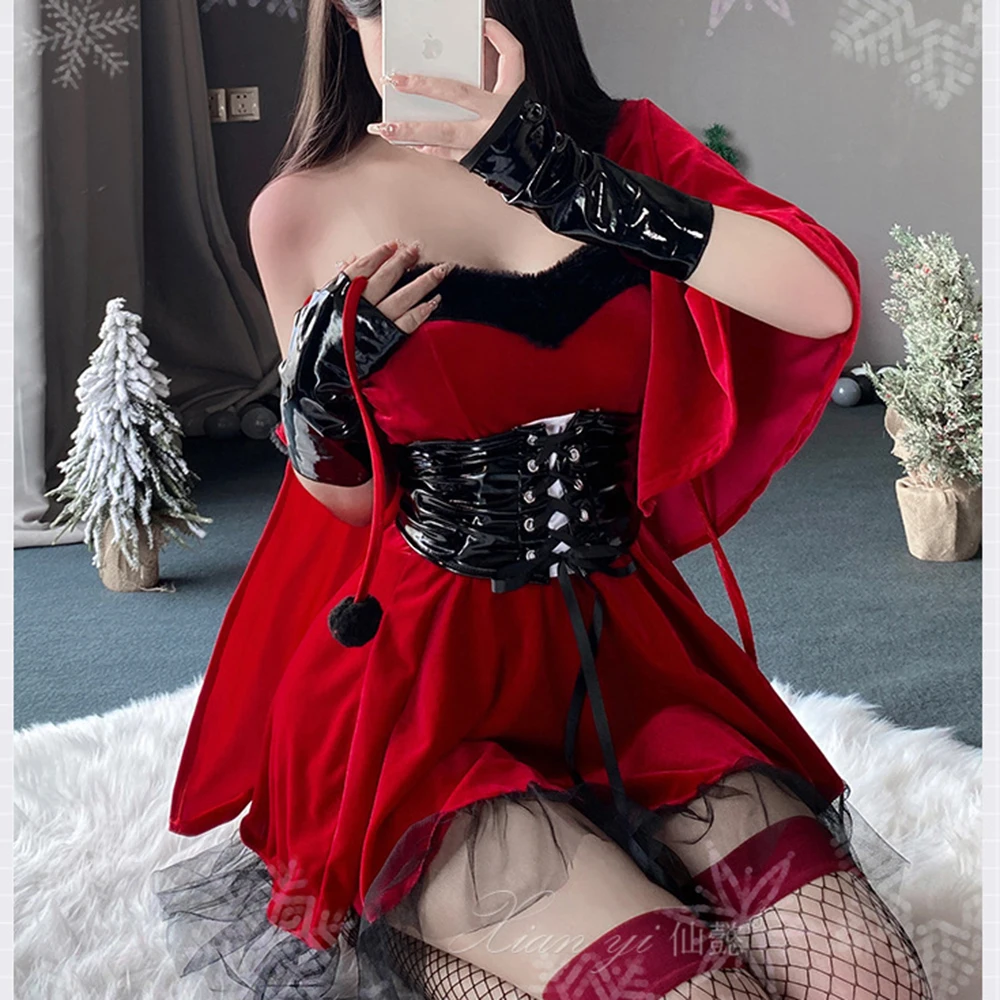 Halloween Demon Cosplay Costume Women Girls Christmas Party Suit Mrs Santa Claus Dress With Hooded Cloak Xmas Outfit Club Dress