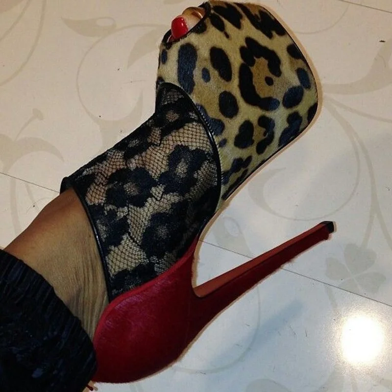 

Leopard Lace Patchwork Slip On Pumps Thin High Heel Peep Toe Fashion Sexy 2025 Summer Big Size Woman Shoes Zapatillas Mujer