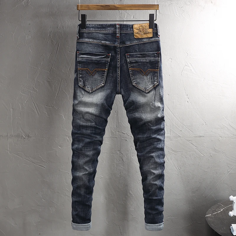 y2k Fashionable Y2KRetro Men's Jeans High Quality Retro Blue Elastic Slimming Ripple Embroidered Jeans Men's Casual Designer D