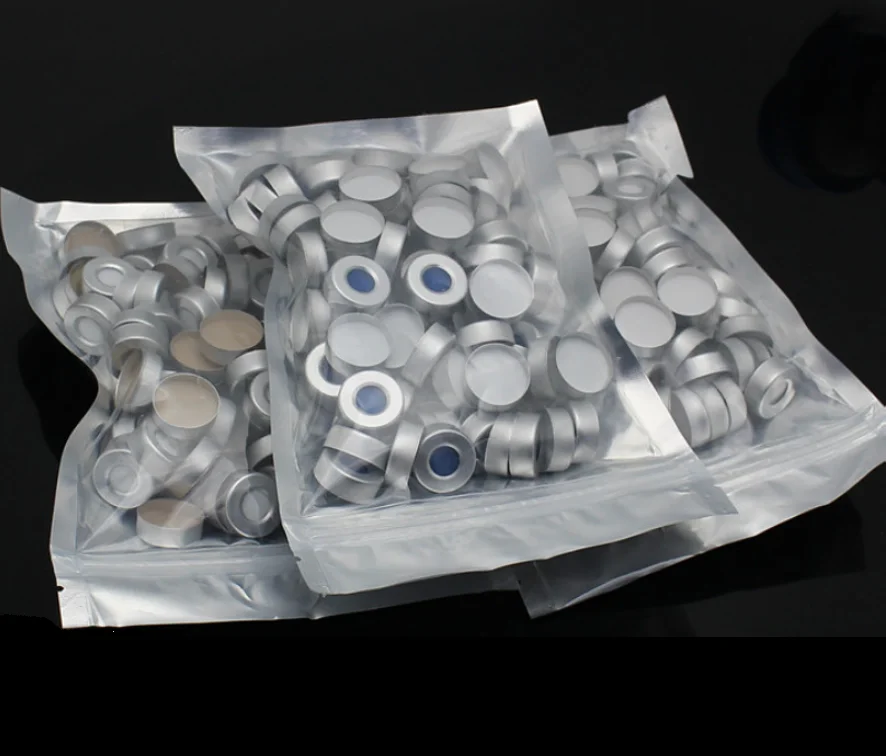 100 sztuk/partia 20mm * 3mm aluminium cap z białym z PTFE/niebieski silikonowy przegrody na 10 ml/ 20 ml butelka próbka szczęki chromatografia fiolka