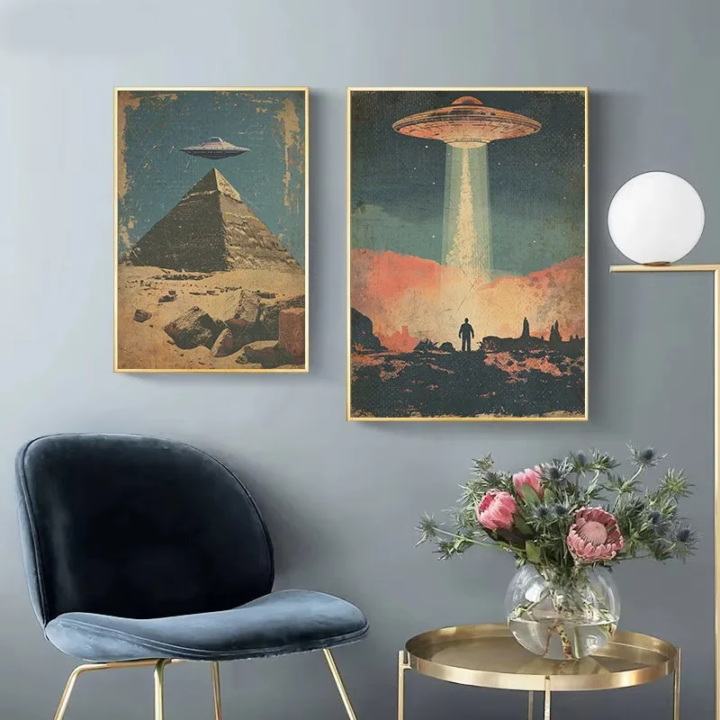 Retro Sci-Fi UFO Time Machine Flying Saucer Art Poster Vintage 80s 90s Car Abstract Canvas Painting Picture Wall Home Decor Gift