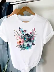 T-shirt à manches courtes imprimé papillon pour femme, joli t-shirt avec appareil photo, chemise de dessin animé, t-shirt graphique, vêtements féminins, mode des années 90