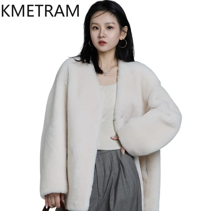 KMETRAM Natural Merino Sheepskin Wool Fur Coat White V-Neck Autumn-Winter Women Clothing 2025 Mid-Length Jacket шуба женская