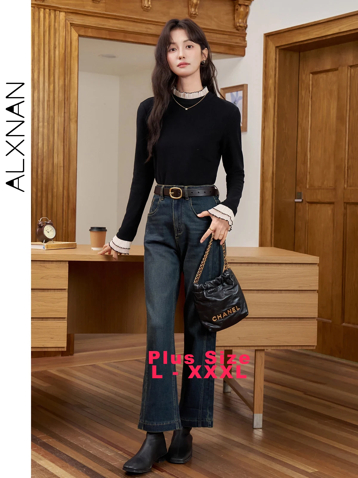 

ALXNAN Винтажные джинсы больших размеров 2025 Прямые женские джинсовые джинсы с высокой талией и широкими штанинами Синие хлопковые офисные женские мешковатые брюки D06903