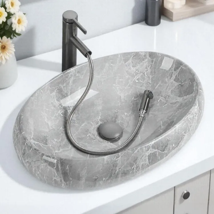 Grey marble pattern table basin ceramic art single basin washbasin balcony oval basin