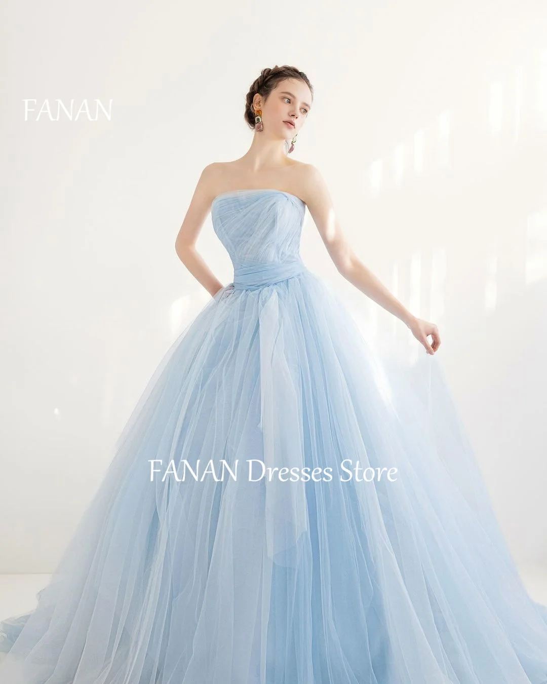 

FANAN Tiered Strapless Tulle Evening Party Dresses Sky Blue Korea Corset Sleeveless Wedding Women Formal Gowns Event Prom Gowns