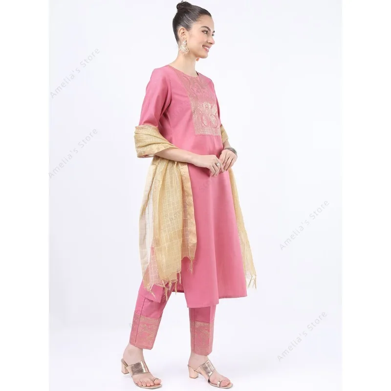 طقم كورتا وردي نسائي هندي/باكستاني مكون من 3 قطع ملابس عرقية بدلة قميص سالور كاميز مزيج من القطن مع دوباتا