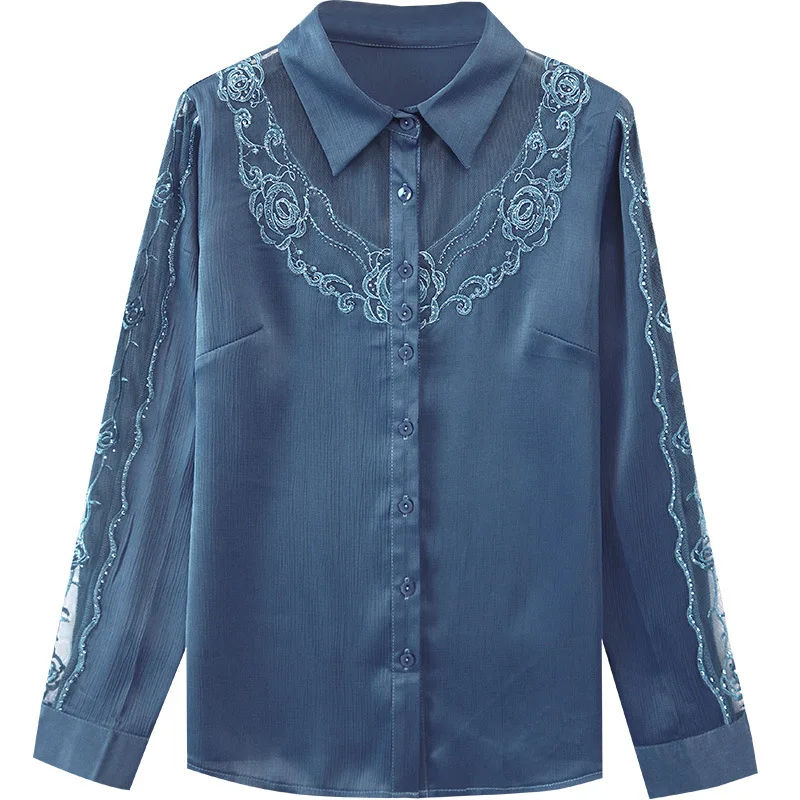 VENTE automne chemise en mousseline de soie pour les femmes 2025 nouvelle dentelle brodée Patchwork Satin tempérament chemise