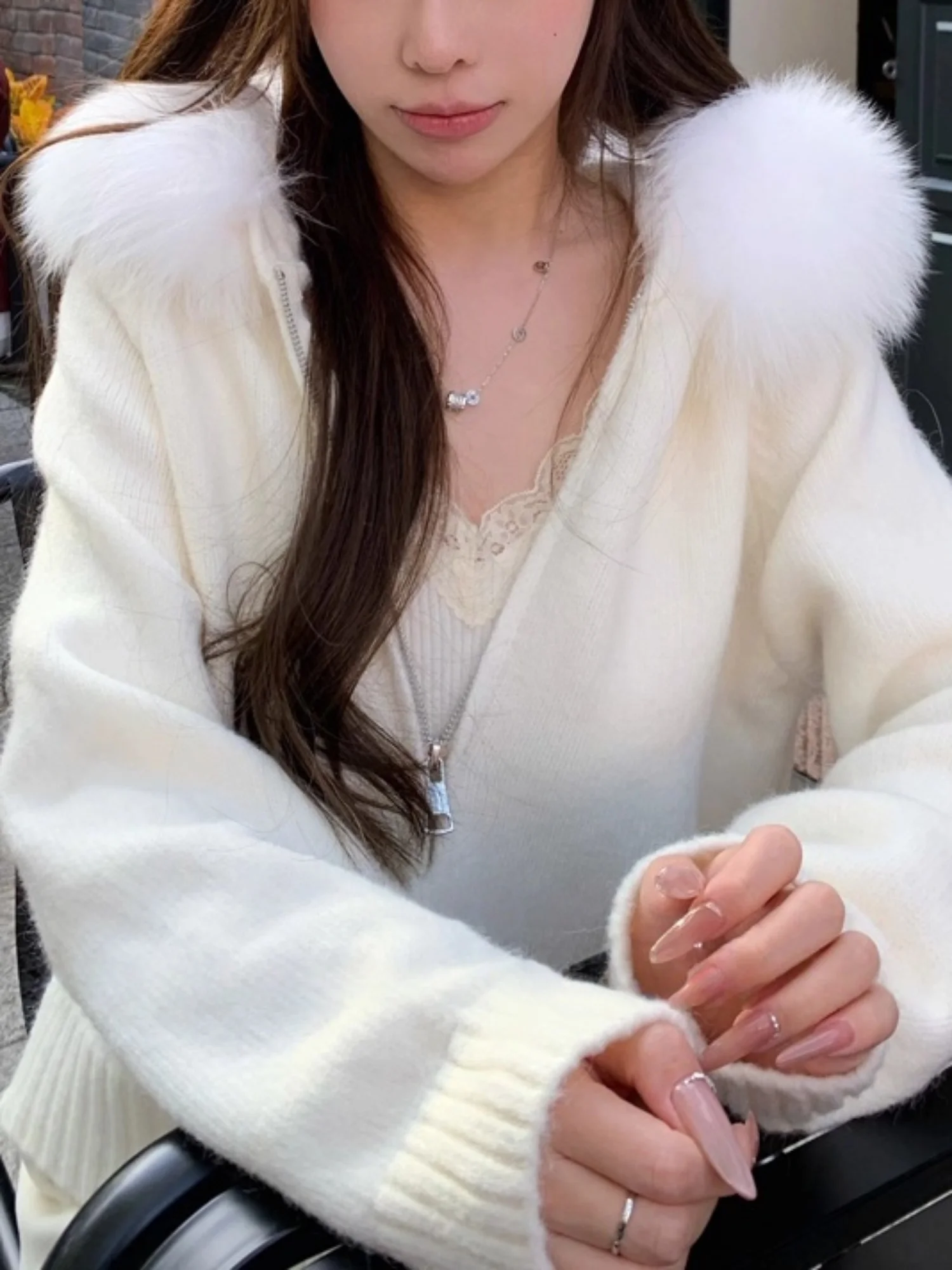 여성용 탈부착 가능한 플러시 칼라 지퍼 니트 가디건, 달콤하고 귀여운 스타일, 여성의 가을, 겨울 일상복, 쇼핑 및 데이트에 적합