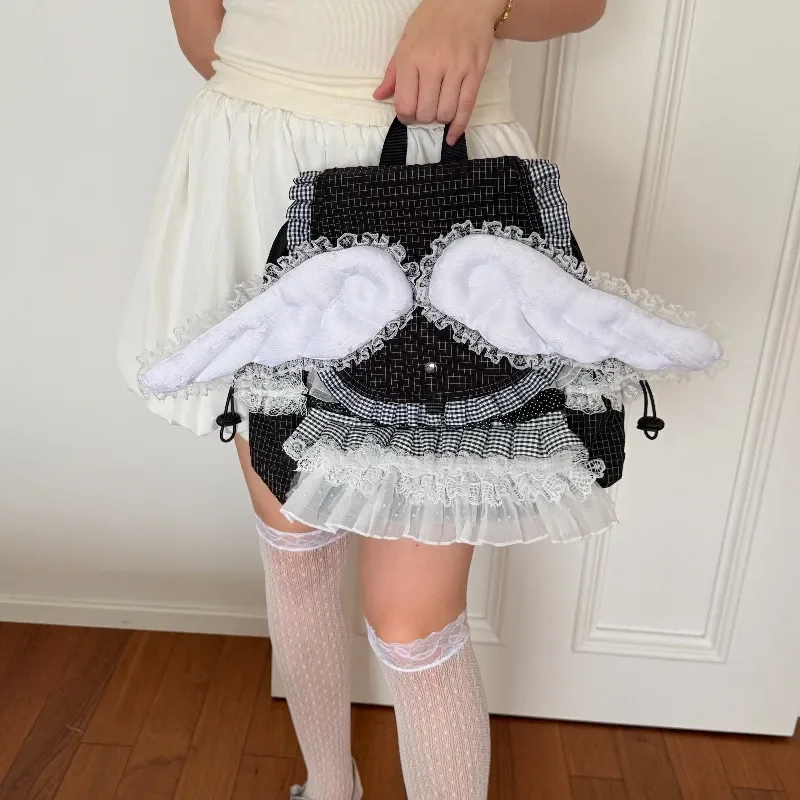 Japanese Sweet Lolita Wings Backpack Y2K Black Checked Lace Ruffle Edge Drawstring Backpack Kawaii Gothic Comic-Con Schoolbag