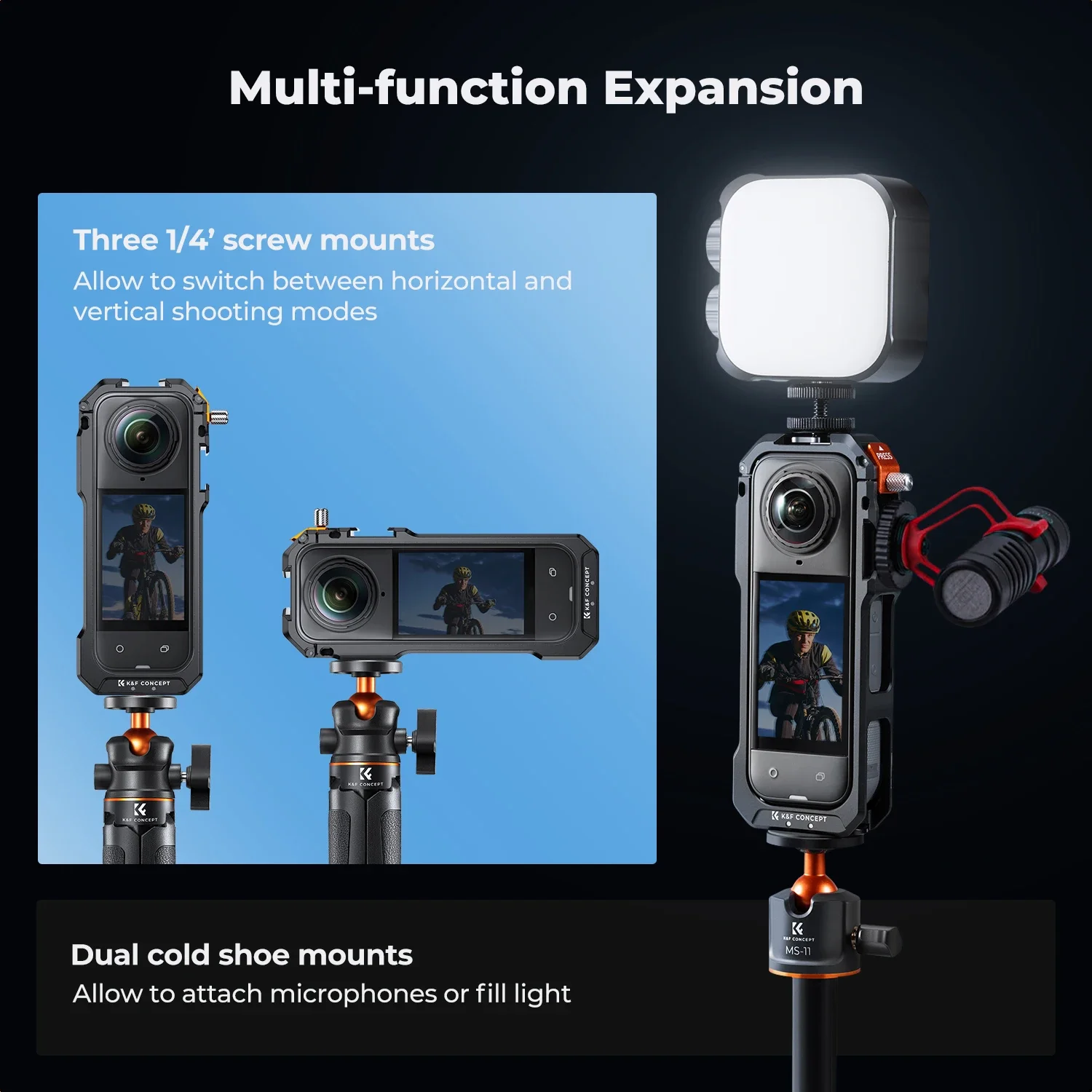 K&F CONCEPT Aluminiowa klatka do kamery dla Insta360 X5 Obudowa z pokrętłem szybkiego montażu zimnymi butami gwintem 1/4" i sili — zdjęcie produktu 4