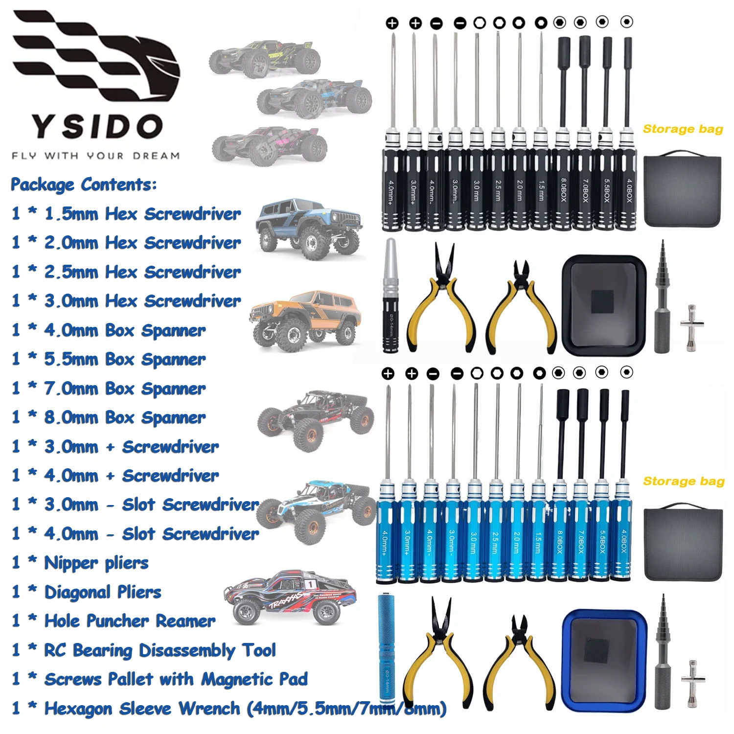 

18PCS YSIDO RC Tool Kit Screwdriver Hex Driver Pliers Screws Tray Wrench Reamer for 1/8 1/10 TRAXXAS Axial Arrma Redcat RC Car