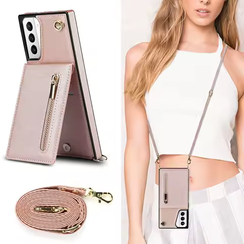 Zipper Wallet Case for Samsung Galaxy S24 S23 S22 S20 S21 FE Plus Note 20 Ultra Card Holder Lanyard Crossbody Leather Cover