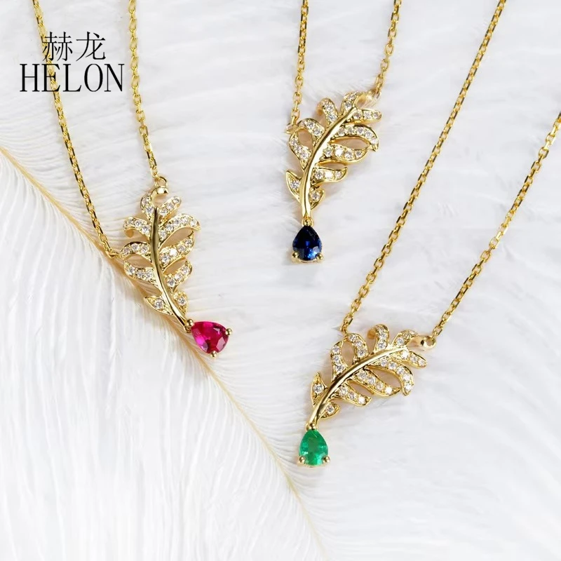 HELON Solid 18k AU750 Yellow Gold Emerald/Ruby/Sapphire Diamonds Feather Pendant Necklace Clavicle Chain Women Jewelry Luxurious