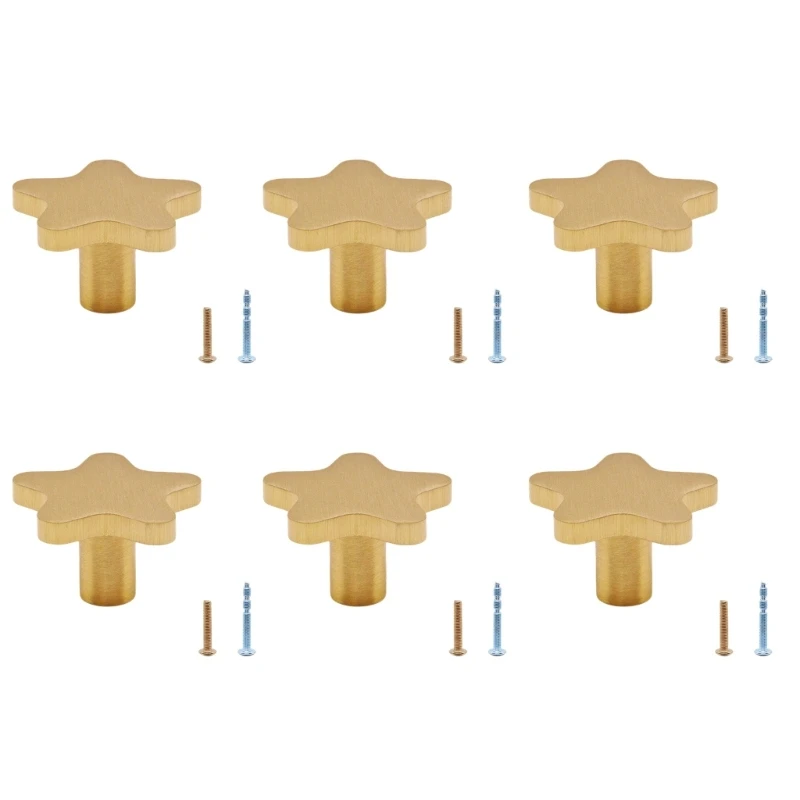 Gebürstete goldfarbene Stern-Möbelknöpfe, 6-teiliges Schubladen-Hardware-Set mit 12 Schrauben für die Aufbewahrung von Kommoden – Detail 9