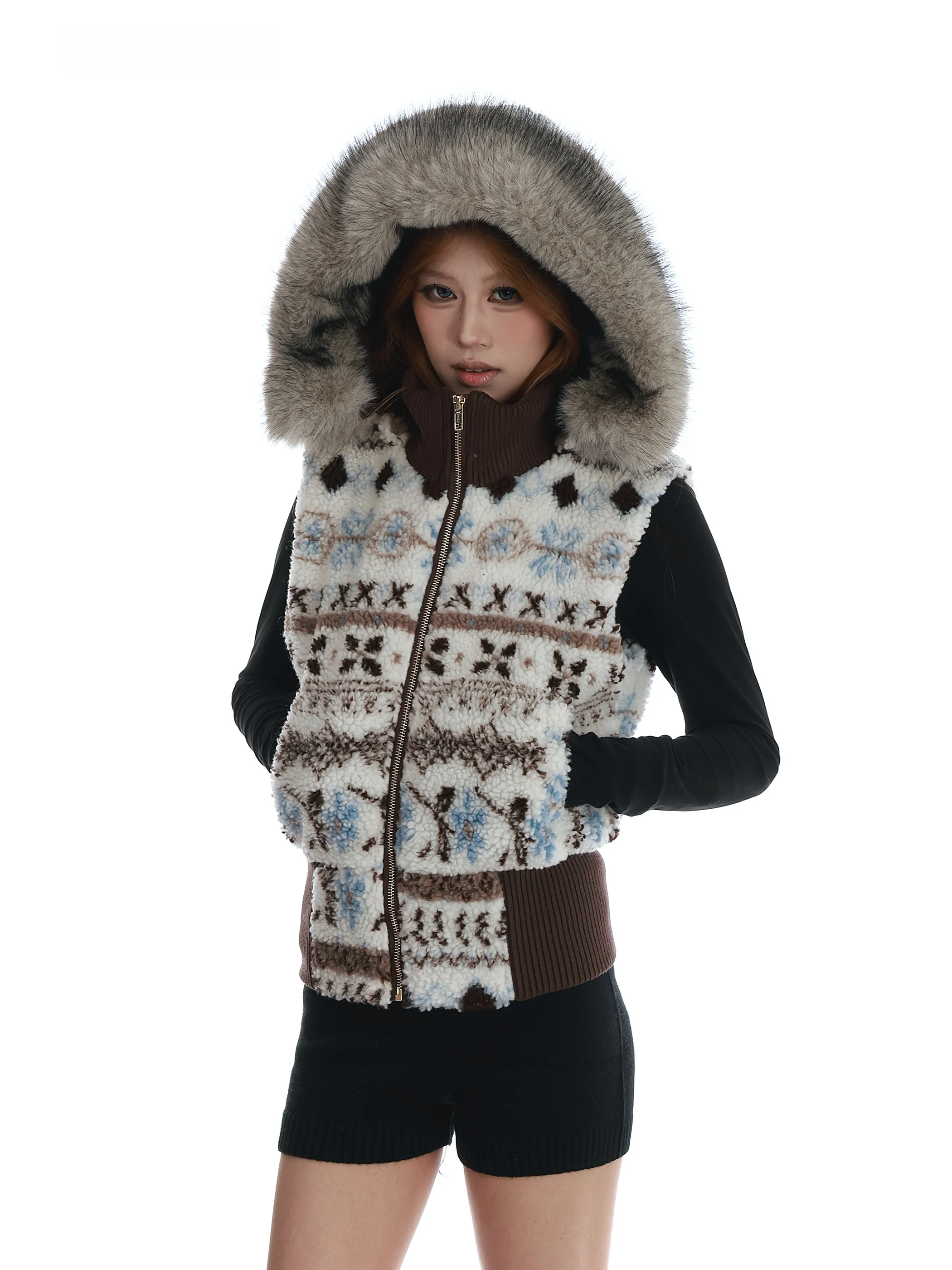 

Vinmuk Cisas Themed Thiened Hooded Coat with Large Fur Collar in Island eep Fur for Women Street Sle Oversized Cott...