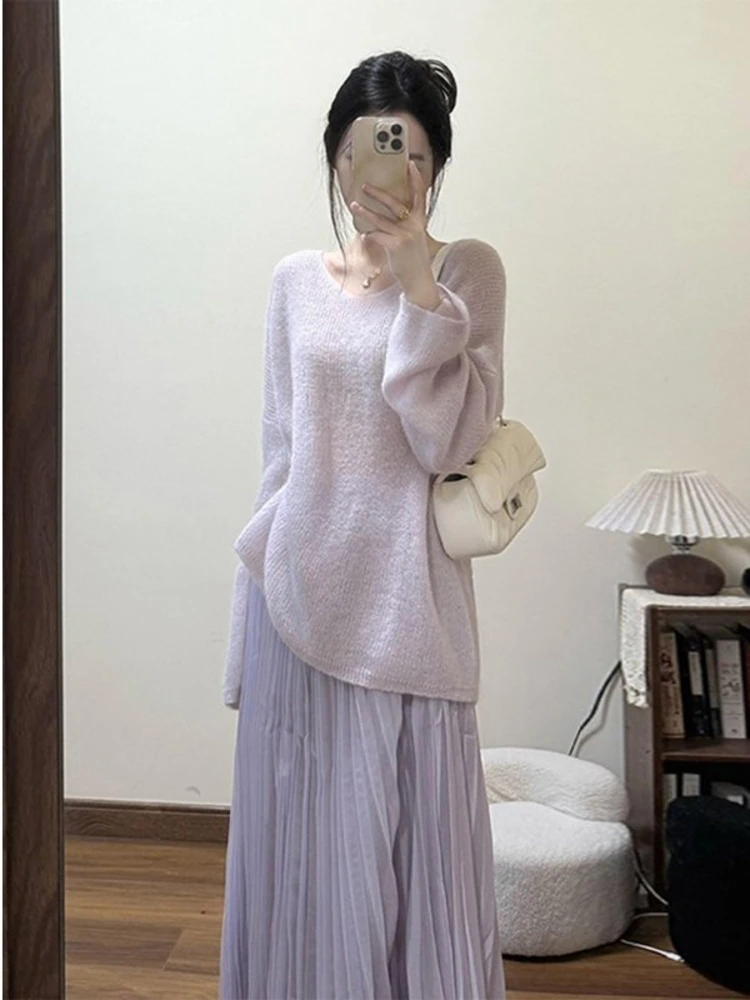 

Soft Purple Taro Women's Knitted Sweater Loose Inner Wear Base Shirt Spring New Lazy Style Commute V-neck Korean Version