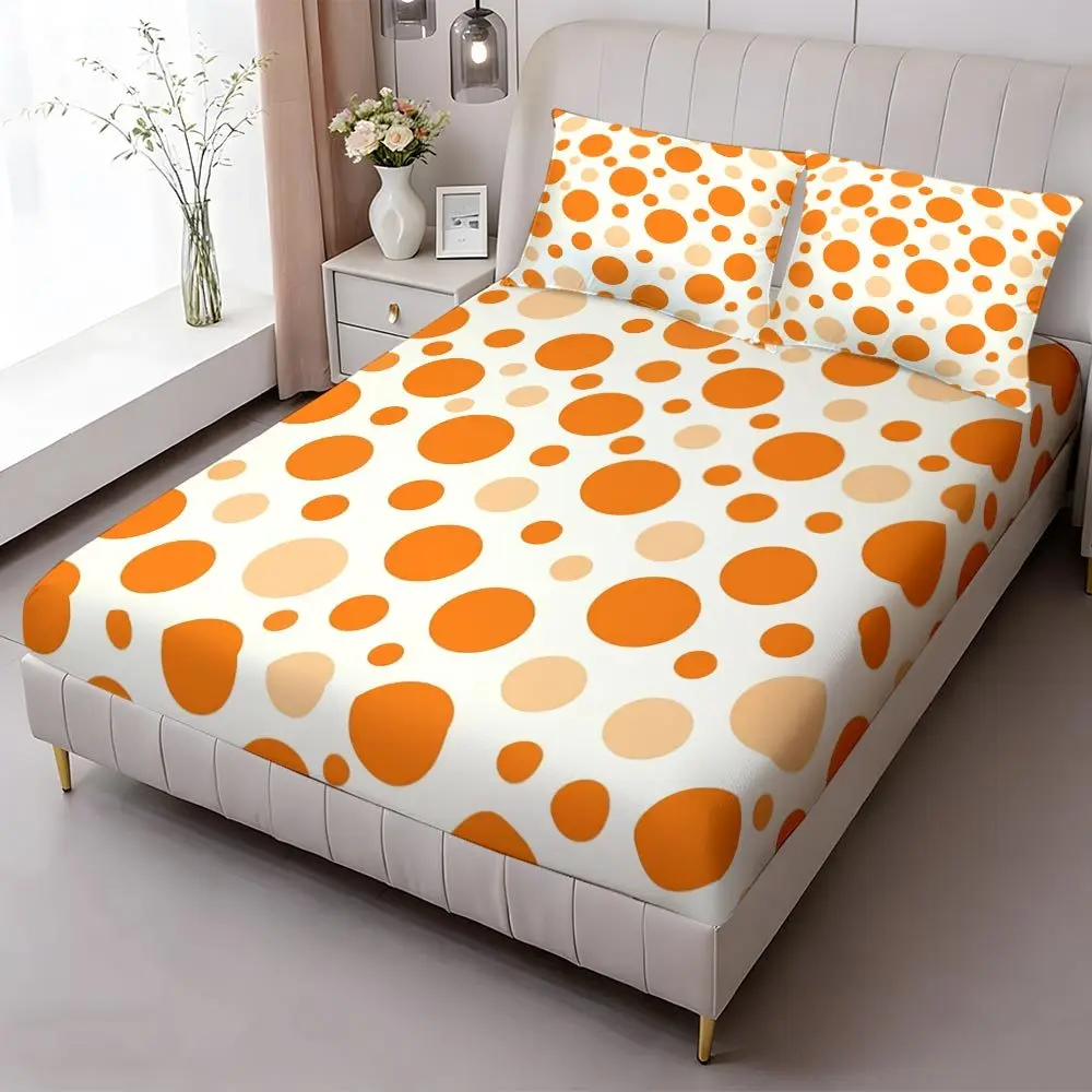 Orange Polka Dot Fitted Sheet Set Queen King Full Size Bedding 2D Digital Print Three-Piece Bedding Set (Includes 1 Fitted Sheet + 2 Pillowcases) Mattress Protector Fitted Sheet Style Protective Cover Mattress Protector, Fitted Sheet Bedding view 4