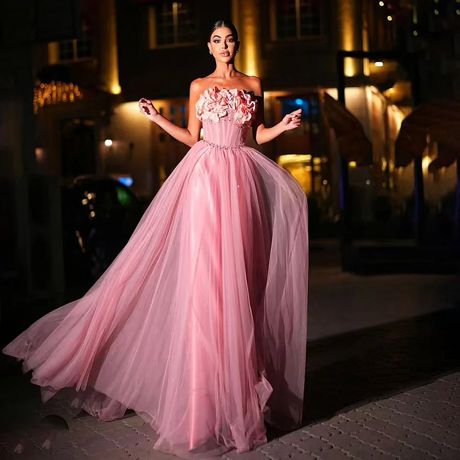 Flower A-Line Prom Evening Dresses Strapless Appliques Tule Party Dress Formal Night Cocktail Prom Gowns Custom