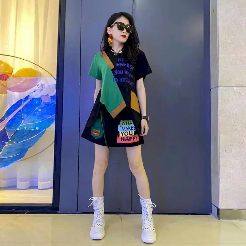 Fashion T Shirts Sets Women Personality Irregular Contrast Color Patchwork T-shirt And Wide Leg Shorts Two Piece Set Summer Thin