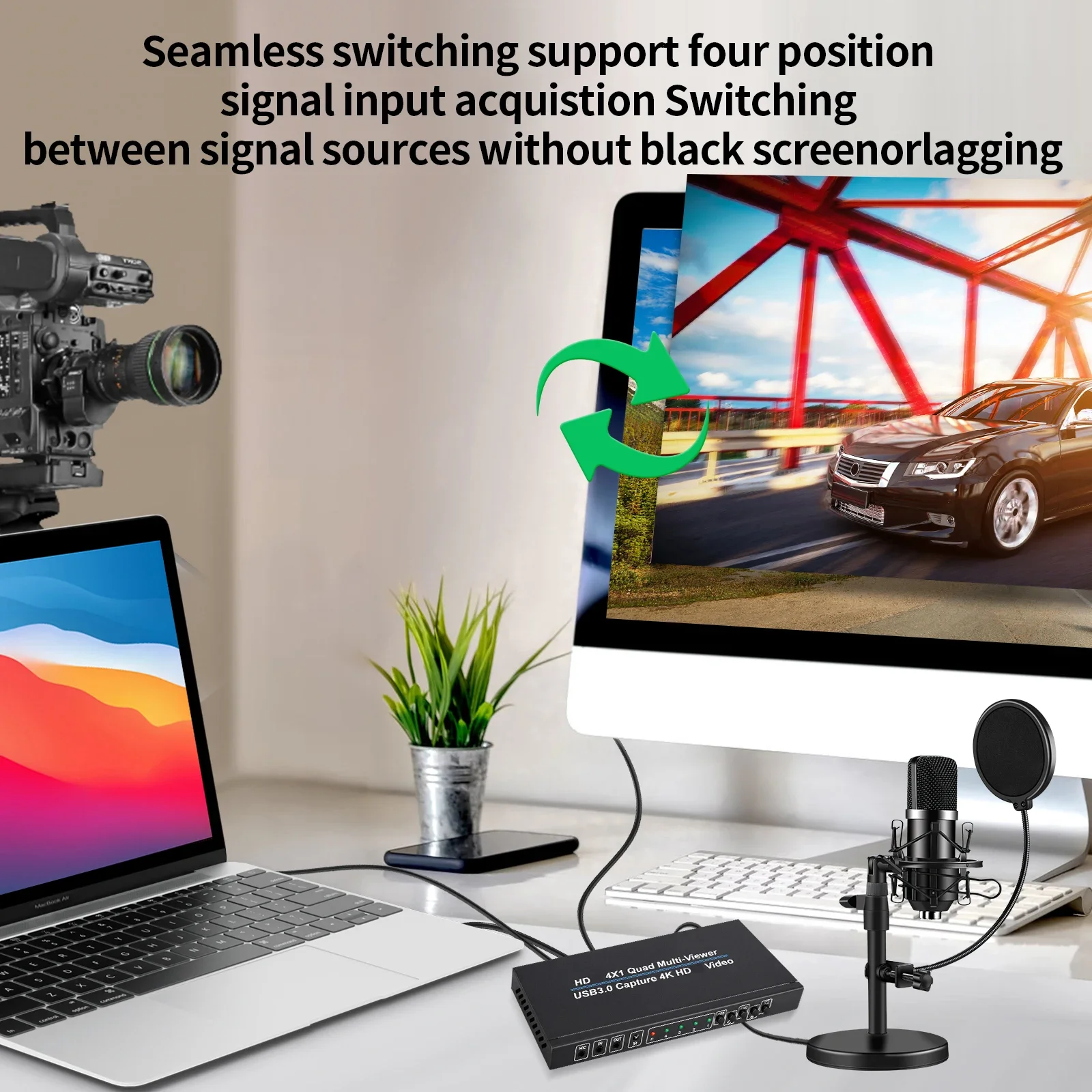 

4K 4x1 HD Multi Viewer Quad View – 4 in 1 Out Seamless Switch 9 Display Modes 1080p@60Hz USB 3.0 Video Capture Card Recording