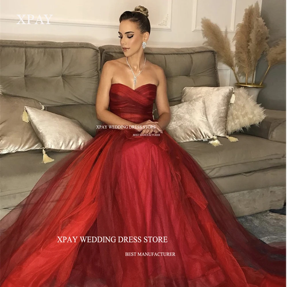 

XPAY Burgundy Red Tulle Long Prom Dreses Sweetheart Dubai Arabic Women Evening Gowns Formal Party Wedding Guest Pageant