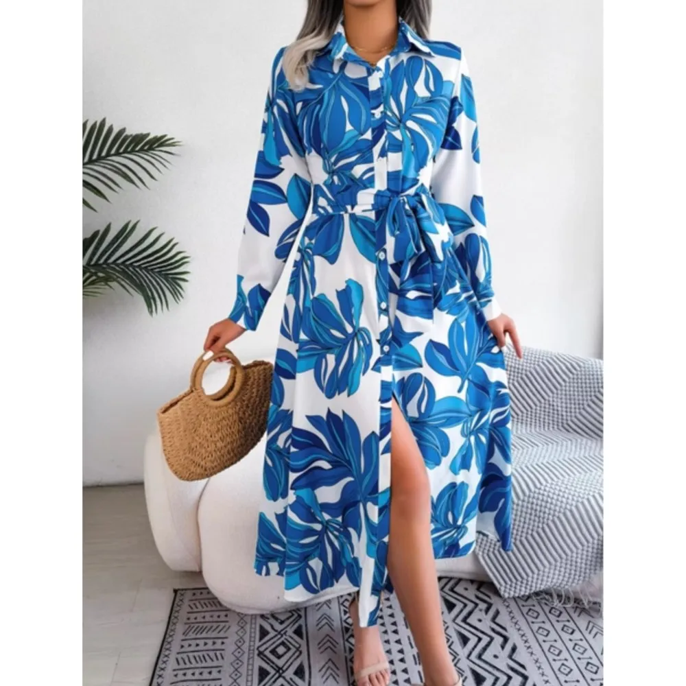 Floral Print Shirt Dress Women Autumn Long Sleeve Bandage Long Dresses Ladies Casual Single Breasted Boho Beach Holiday Dresses