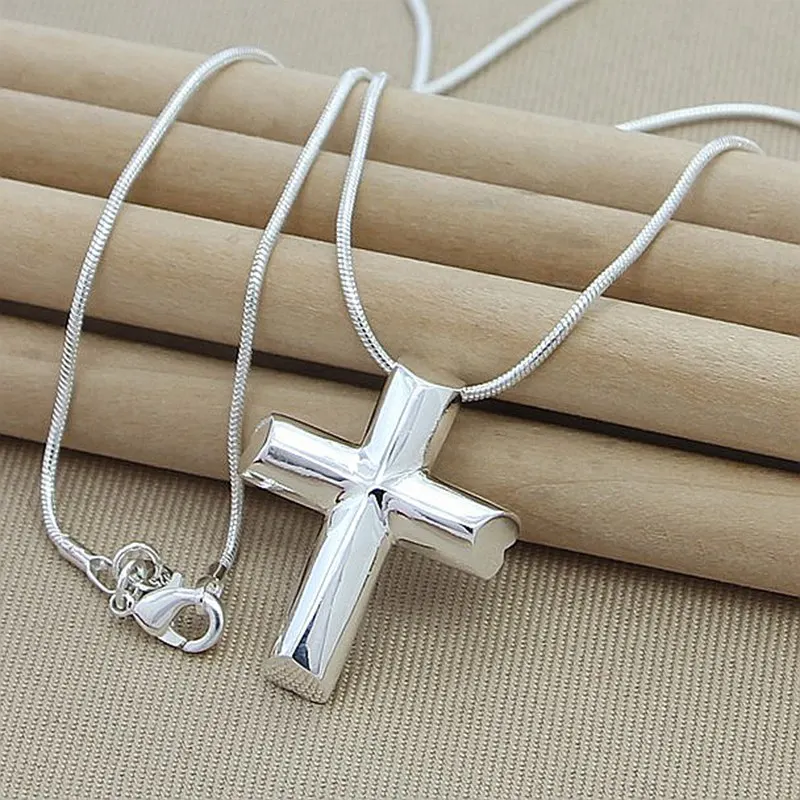 

Genuine 925 Sterling Silver Cross Necklace Fashion Jewelry Pendant 18 Inches Snake Chain Women Wedding Engagement Gift