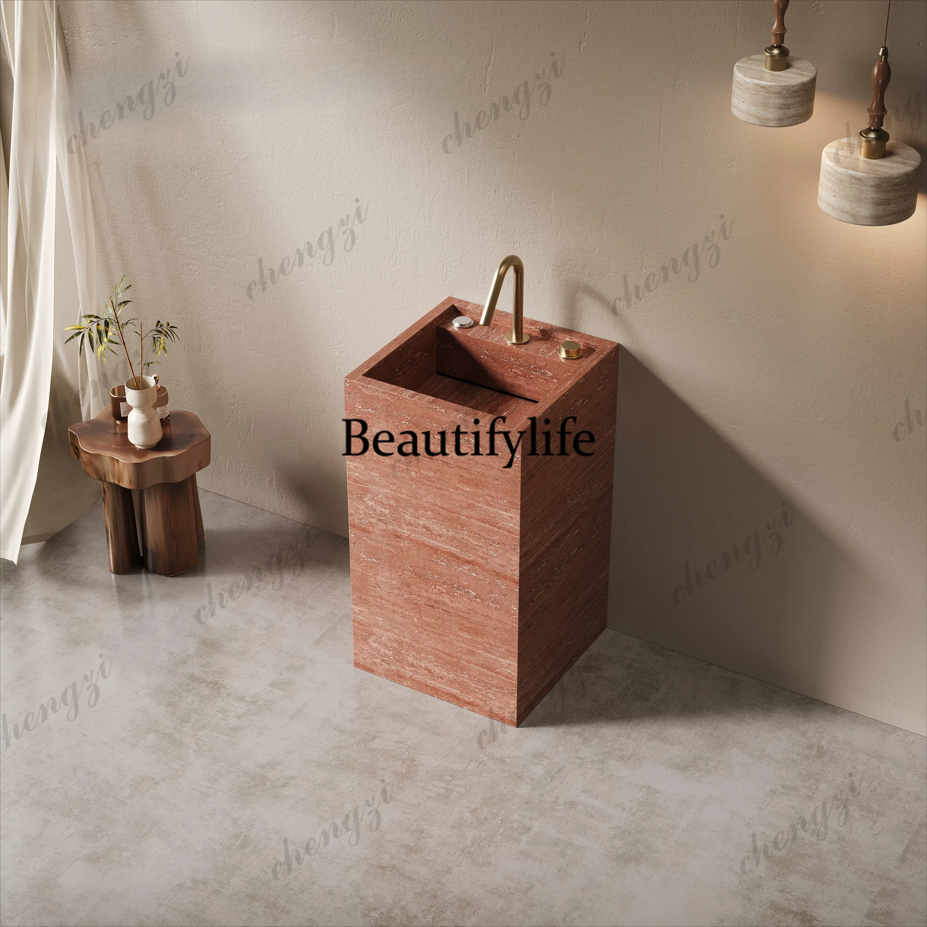 Hotel villa rock slab column basin outdoor courtyard integrated floor-to-ceiling washbasin