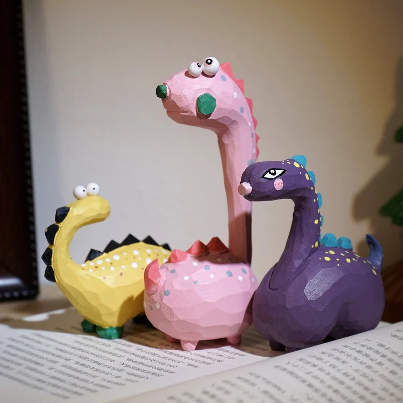 Hand-carved Wooden Yellow Dinosaur Ornament with Polka Dots, Healing Desk Decor for Workstation, Emotional Calming Decorations