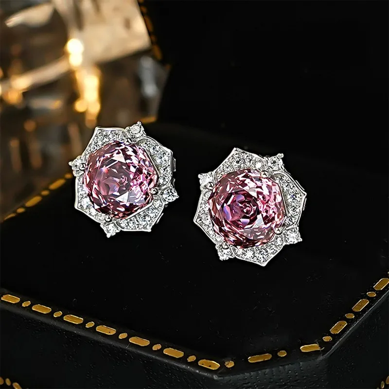 Rose Shape Pink Quartz Diamonds Gemstones Earrings for Women Romantic Dinner Party Fine Jewelry Sets Wedding Accessories Gifts