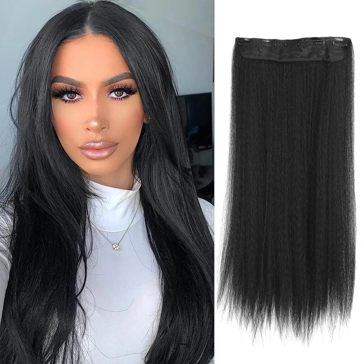 One-piece fake hair style with long, microcurly hair extensions inside simulated hair pad hair extensions