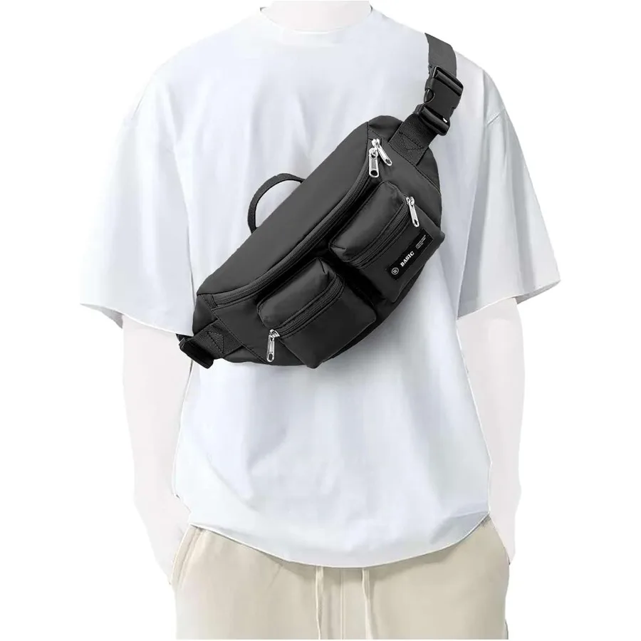 حقيبة حزام سوداء للنساء والرجال مع أوعية متعددة بسحاب مقاومة للماء وحقيبة خصر عصرية مع لو قابل للتعديل