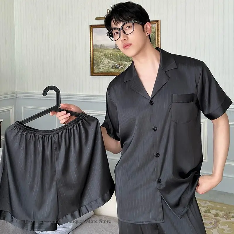 Spring Summer Men Pajama 3PCS Set Black Stripe Ice Silk Sleepwear Loungewear Loose Casual Trouser Suit Nightwear Male Loungewear