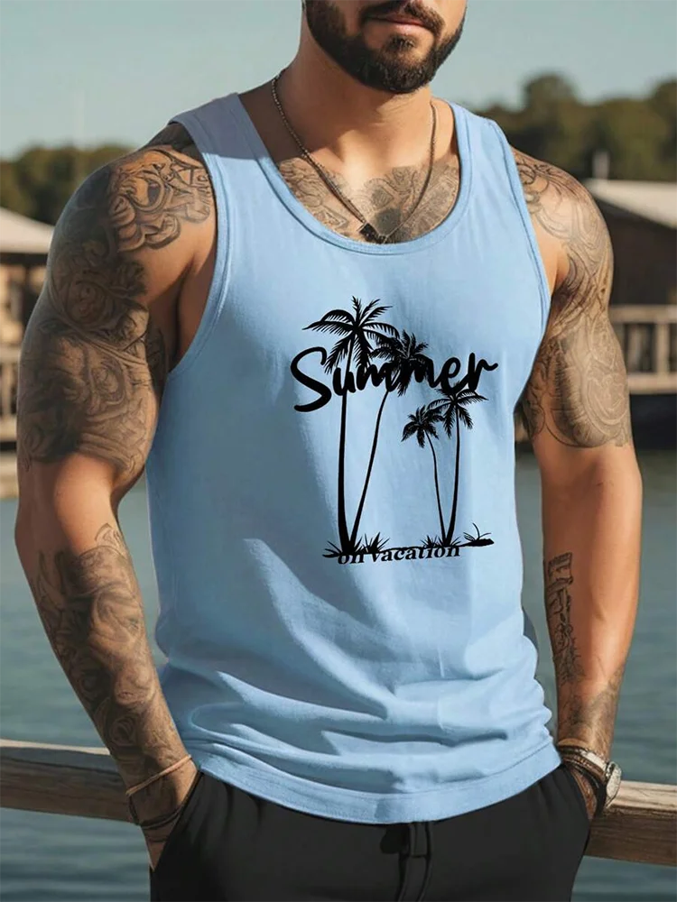 Hawaiian Tank Tops Coconut Tree 3D Print Summer Men's Oversized Fitness Gym Vest Streetwear Beach Sleeveless Tops Man Clothing