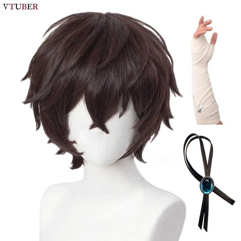 

Dazai Osamu Wig Bungo Stray Dogs Cosplay Short Dark Brown Heat Resistant Synthetic Hair Halloween Party Anime Wigs + Wig Cap