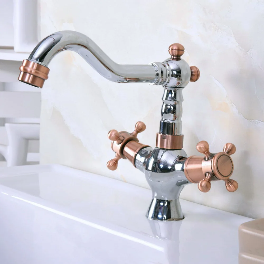 Polished Chrome And Red Copper Bathroom Sink Faucet Basin Mixer Tap Double Cross Head Handle Hot and Cold Water Mixer Tap Nnf904