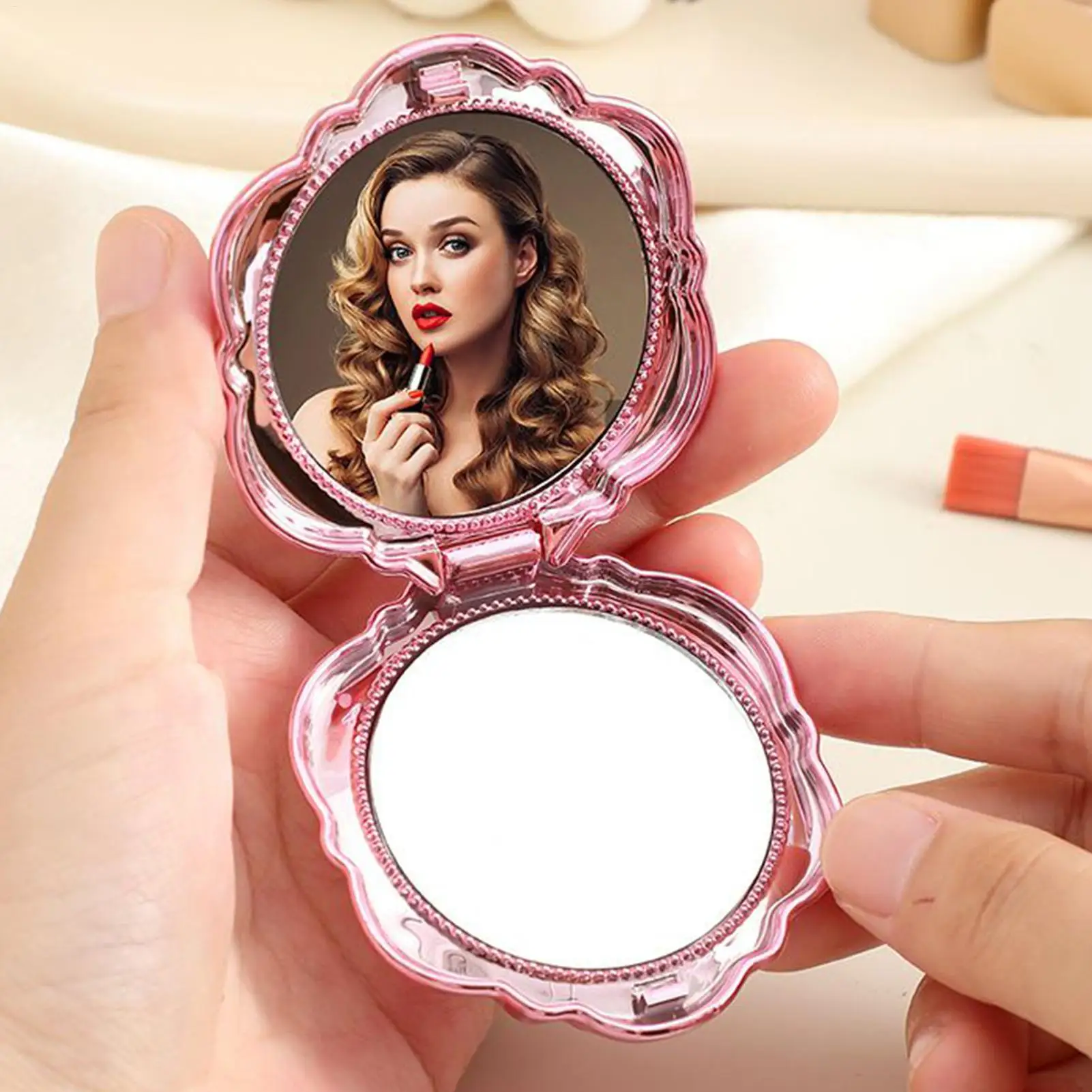 Tragbare, rosafarbene, faltbare Mini-Make-up-Spiegel, kompakter Taschenspiegel, doppelseitiger Handspiegel, Make-up-Spiegel zum Nachbessern des Make-ups