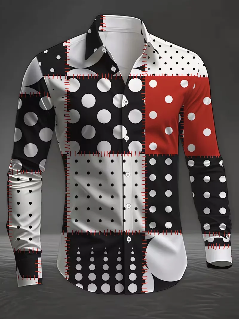 Men's new retro polka dot 3D patchwork printed shirt with button slimming and comfortable men's lapel button shirt