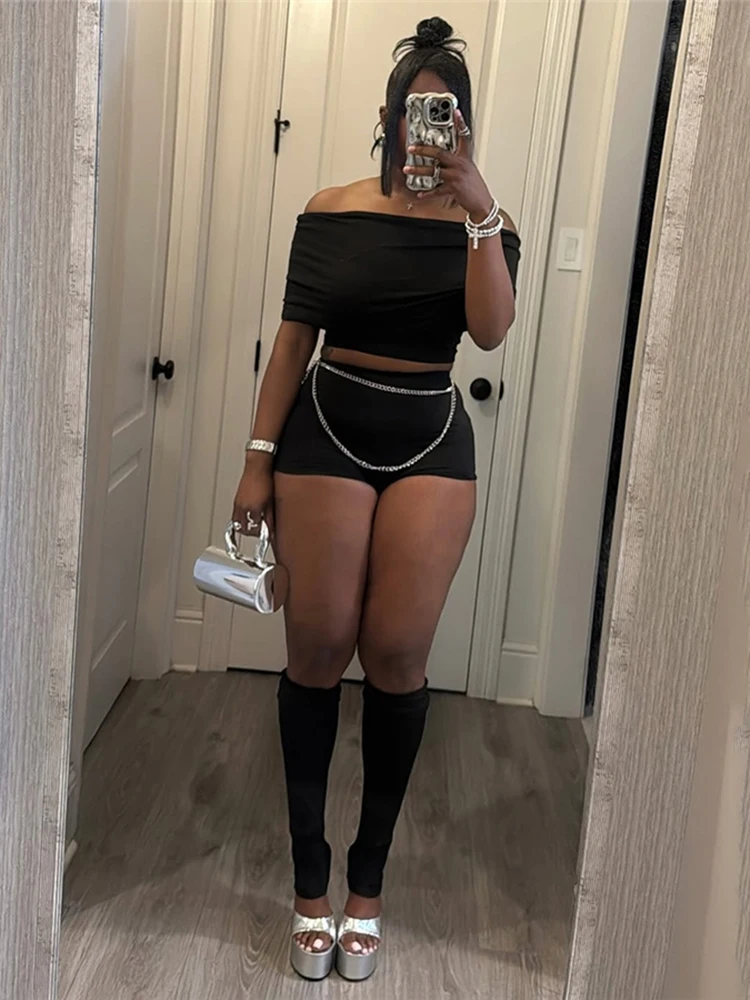 Nibber Sexy 3-Piece Set Women Slash Neck Crop Tops+Basis Shorts+Leg Sleeve Street Wild Hottie Fashion Midnight Simple Clothing