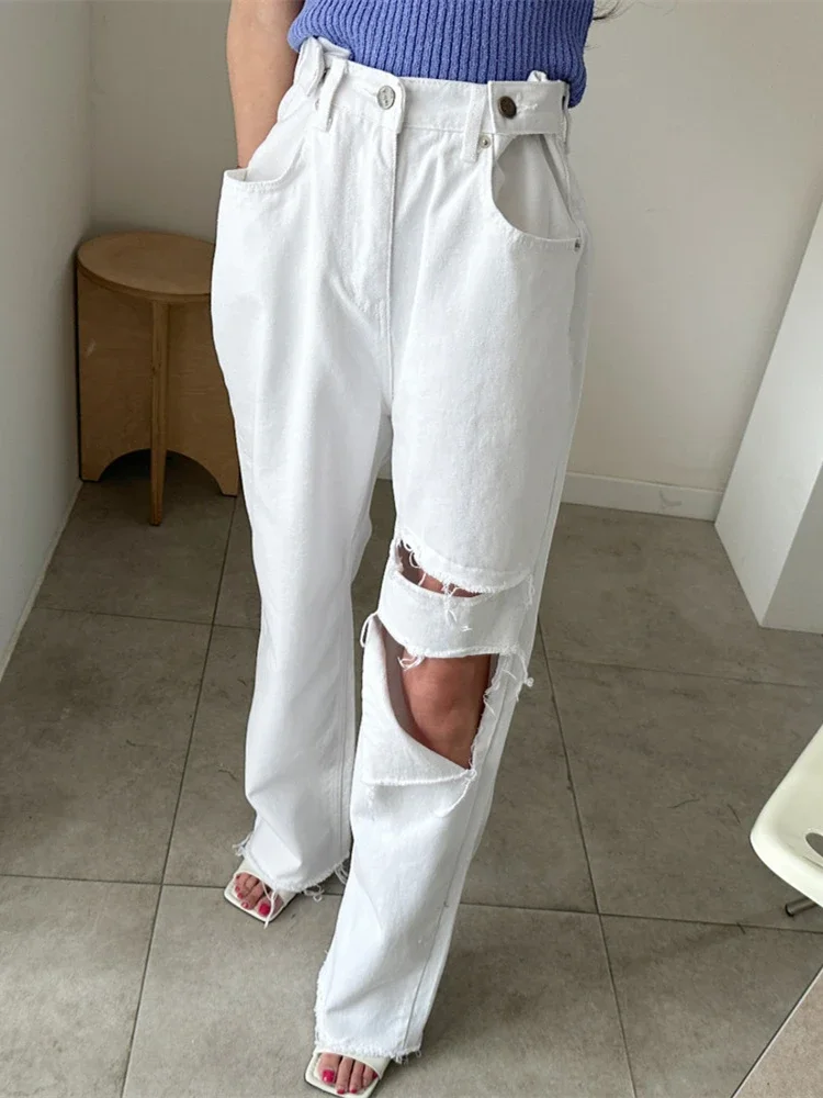 REALEFT 2024 New Hole Pink Women\'s Denim Wide Leg Pants High Waist Spring Summer Casual White Jeans Straight Trourses Female