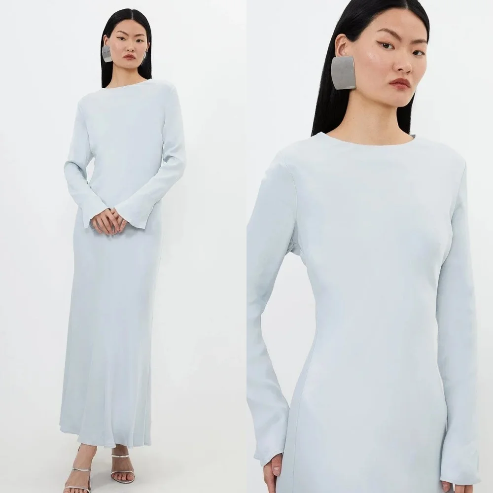 

Customized Sparkly Blue Jersey Evening Dress Exquisite O-Neck Long Sleeves Homecoming Dresses Fashion Special Occasion Gowns