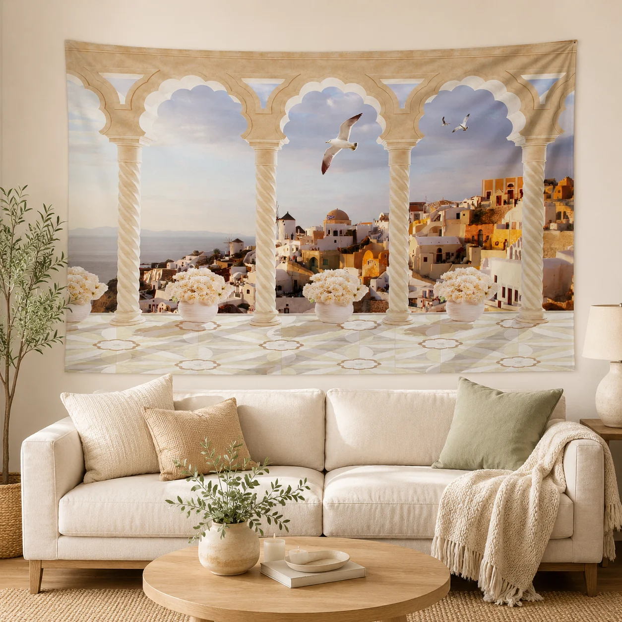 

Mediterranean Santorini Tapestry European Arch Seaside Town Landscape Wall Art, Boho Travel Scenery Room Decor