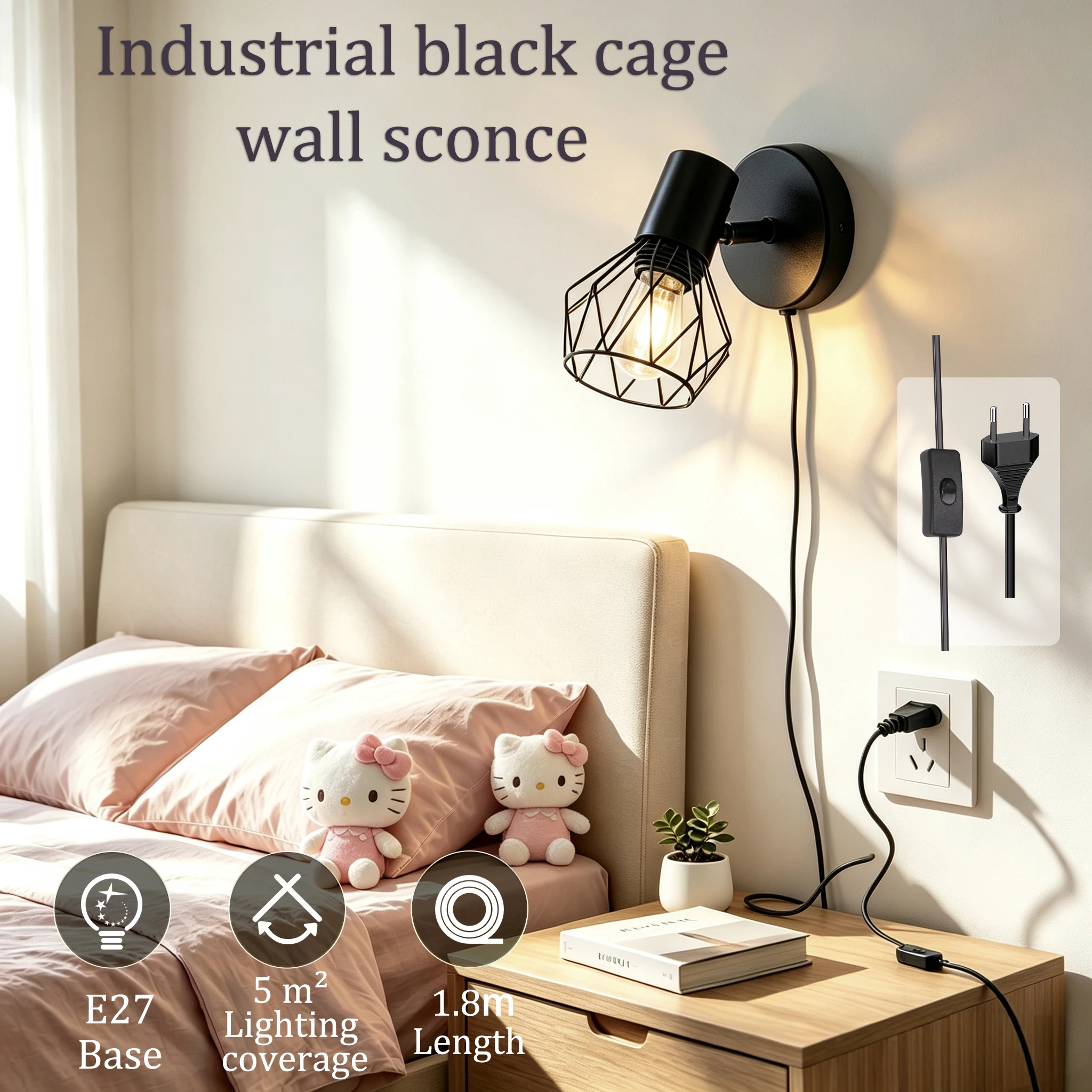 Plug In Wall Sconce Black Metal Wire Cage Wall Lamps E27 Vintage Industrial Loft Wall Lights For Bedroom Bedside Reading Decor