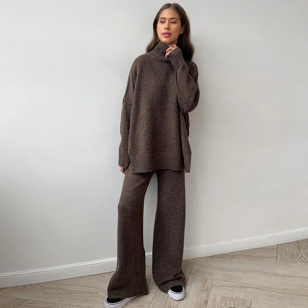 Women's Spring Turtleneck Knit Sweater 2-Piece Set with Loose Fit Ribbed Pants Casual Oversized Women's Matching Sets Solid