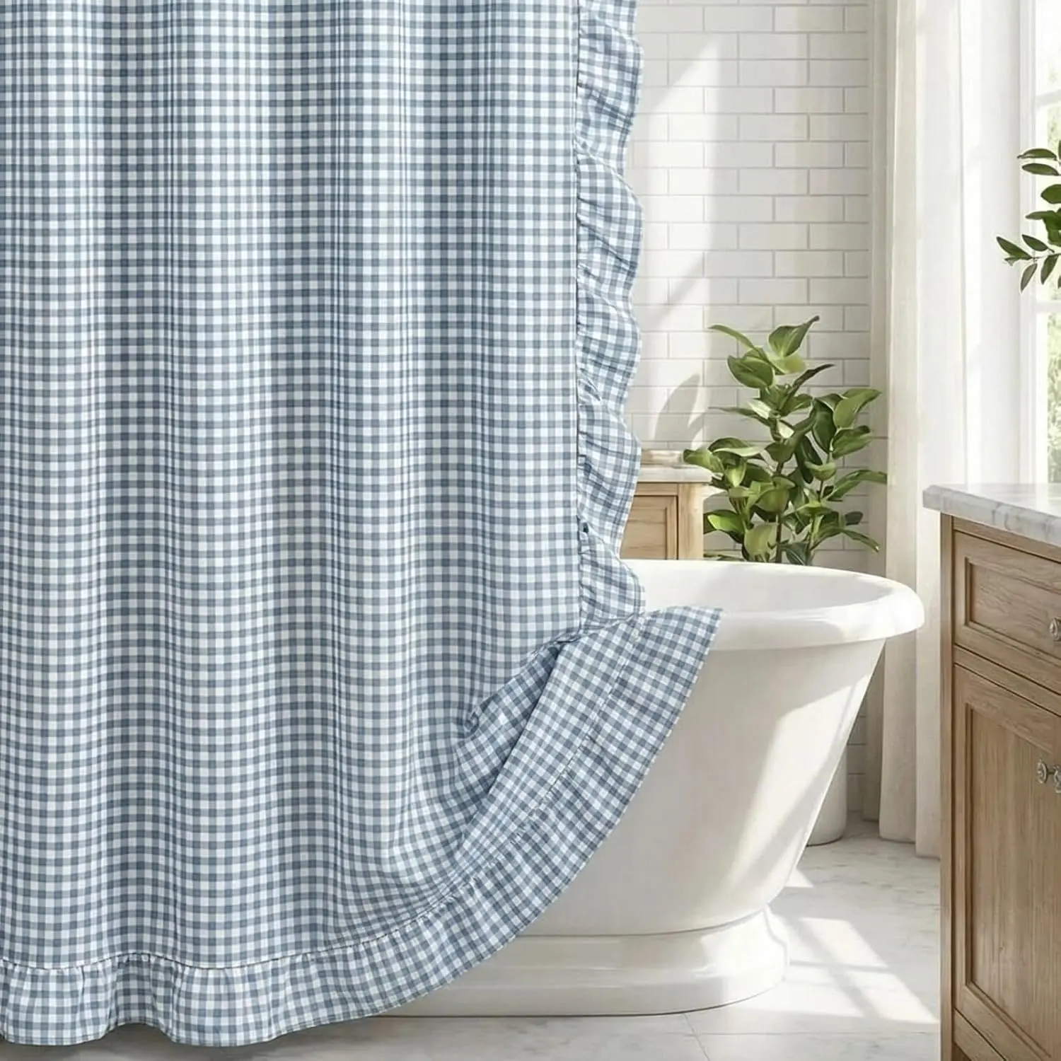 

Ruffled Gingham Shower Curtain 72 x 72 Inch Dust Blue Cotton Vintage Farmhouse Rural Plaid Shower Curtain with 12